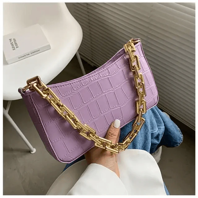 Vintage Stone Pattern Shoulder Bag with Thick Chain French Style