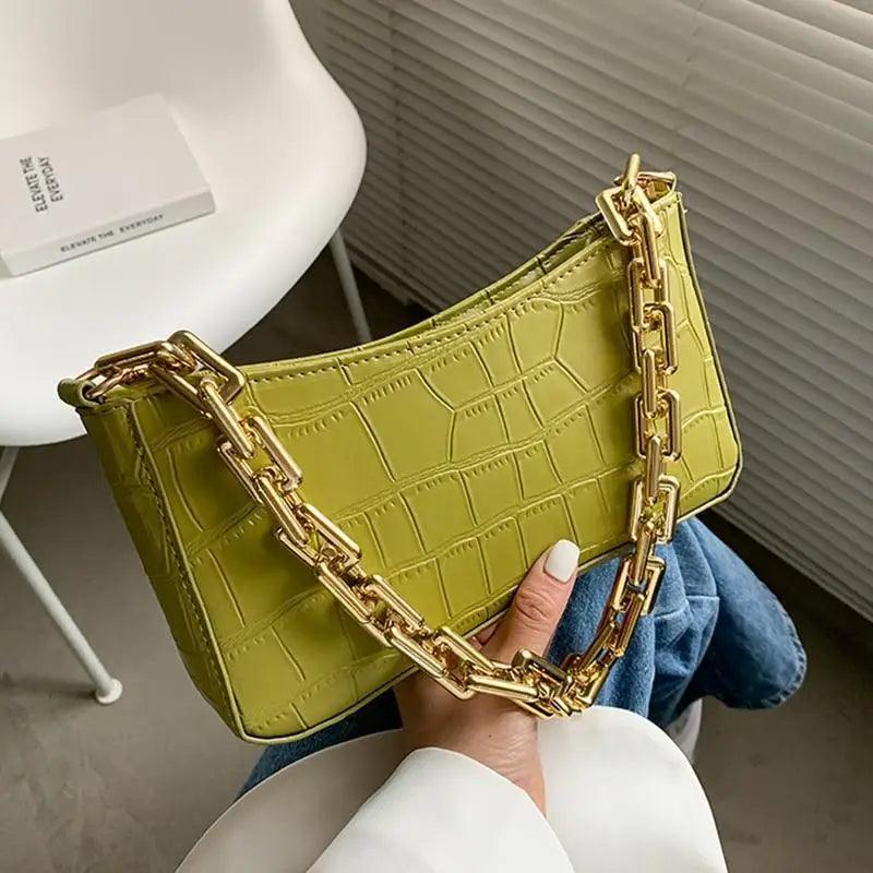 Vintage French style shoulder bag in stone pattern PU leather with thick chain strap