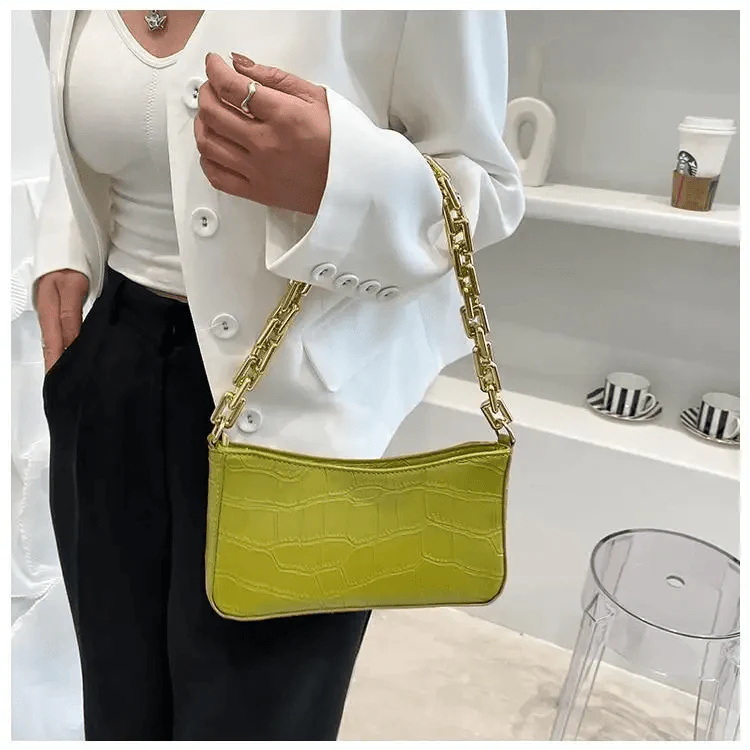 Vintage Stone Pattern Shoulder Bag with Thick Chain French Style