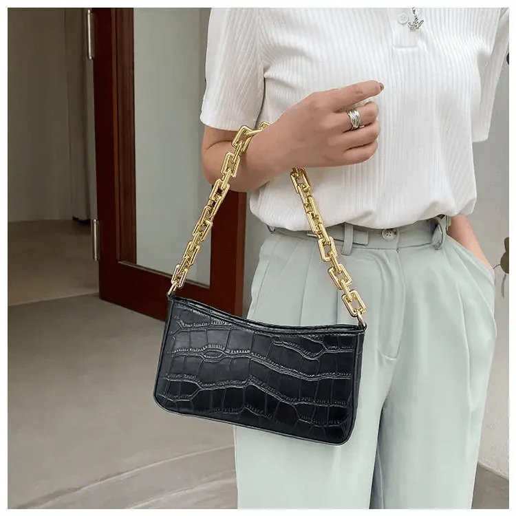 Vintage Stone Pattern Shoulder Bag with Thick Chain French Style