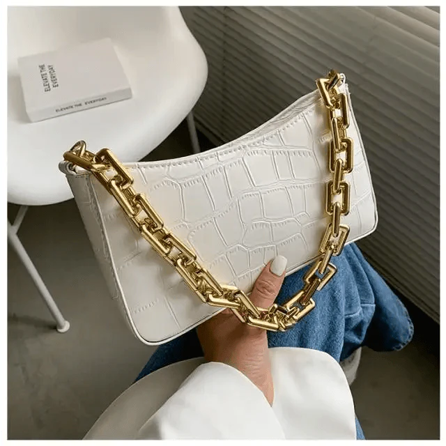 Vintage Stone Pattern Shoulder Bag with Thick Chain French Style