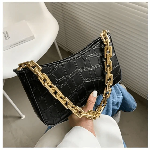 Vintage Stone Pattern Shoulder Bag with Thick Chain French Style