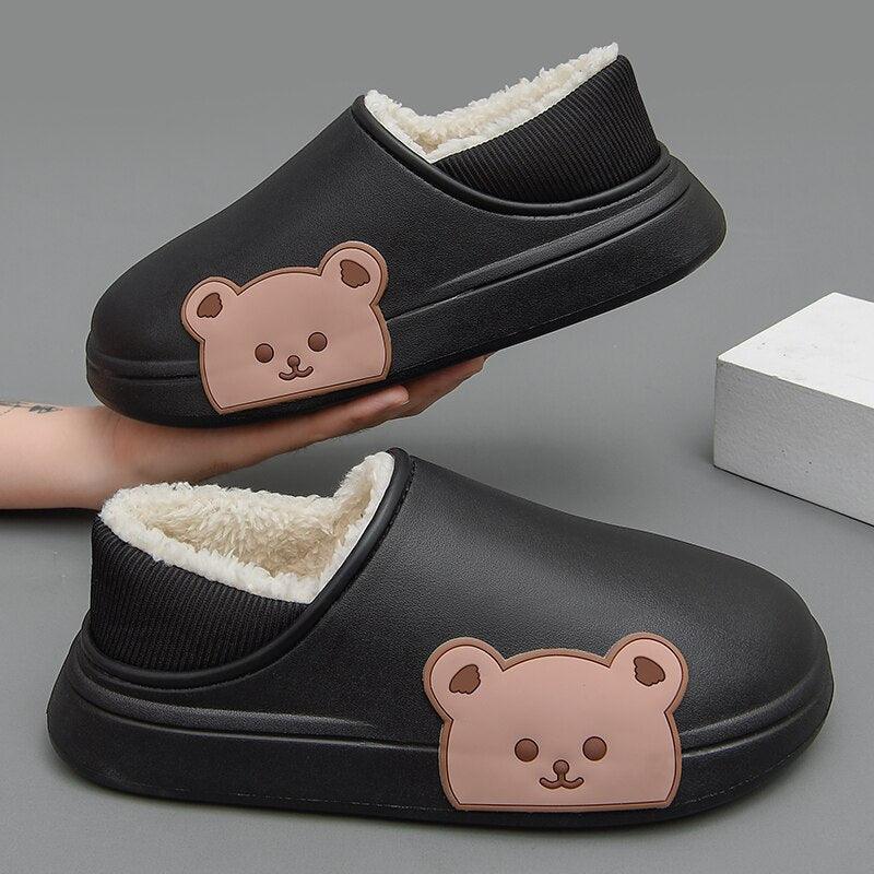 Women's waterproof platform slippers with fur lining and non-slip rubber soles