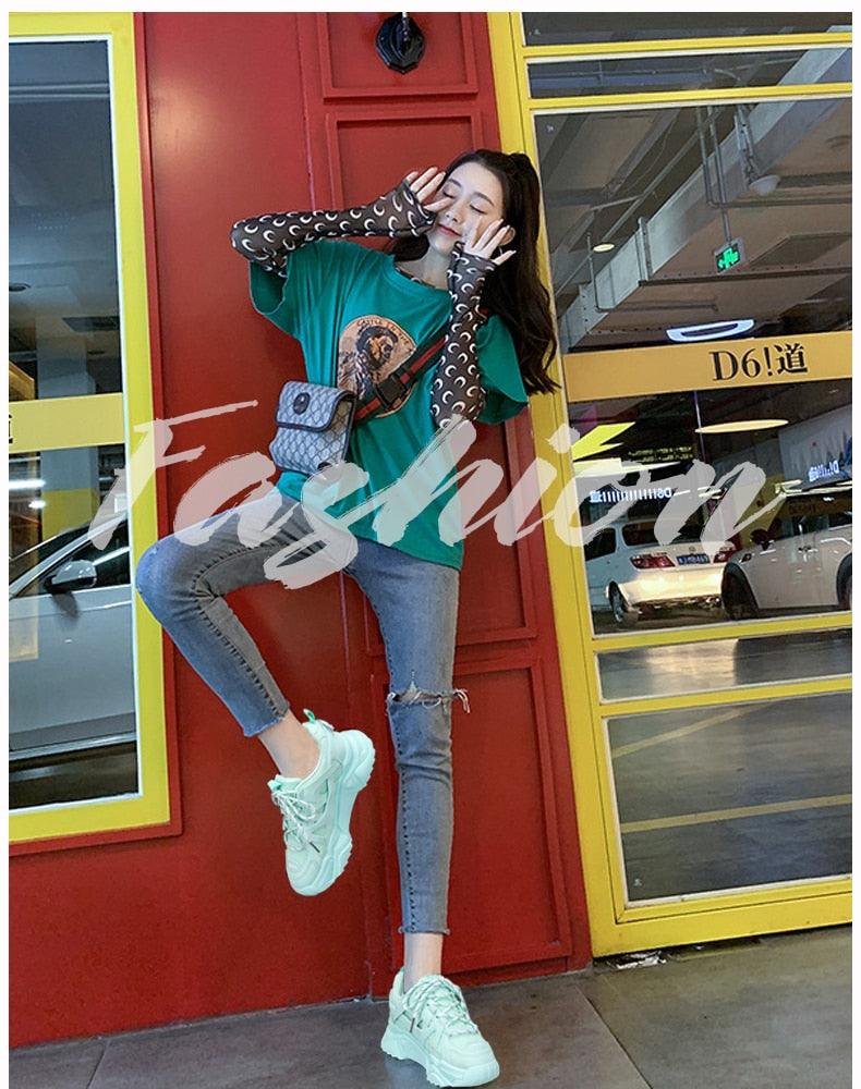 Womens White Platform Sneakers with Blue & Orange Mesh Accents