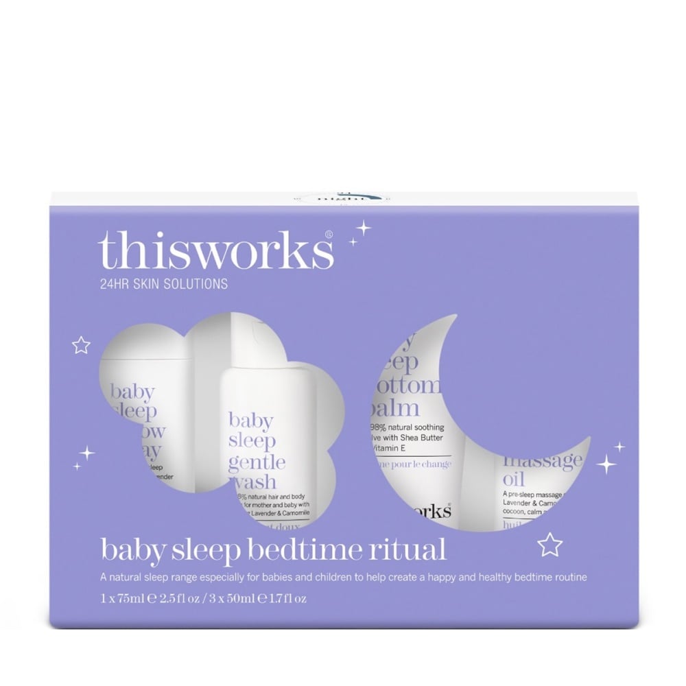 This Works Baby Sleep 4-piece bedtime ritual gift set with lavender and white minimalist packaging.