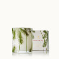 A 6.5 OZ Frasier Fir scented candle in a clear glass jar with a green pine needle botanical print.