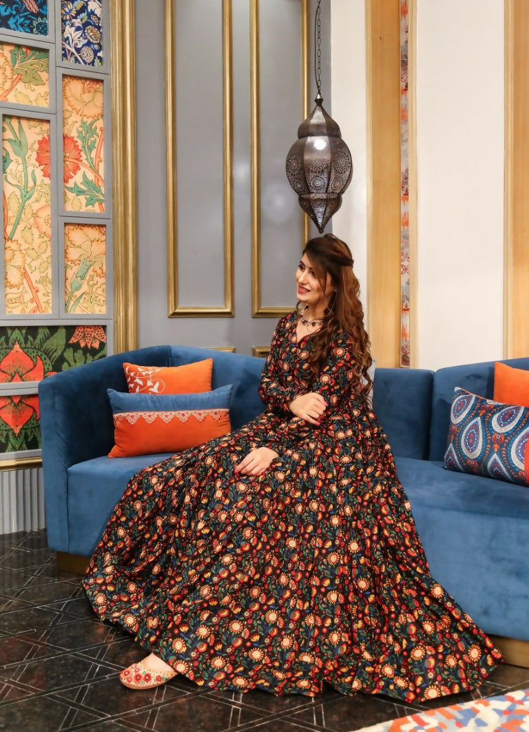 Women's Coffee Heavy Digital Printed Cotton Silk Anarkali Dress