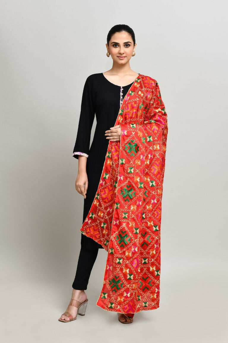 Multi Color Cotton Phulkari Dupatta with Geometric Embroidery