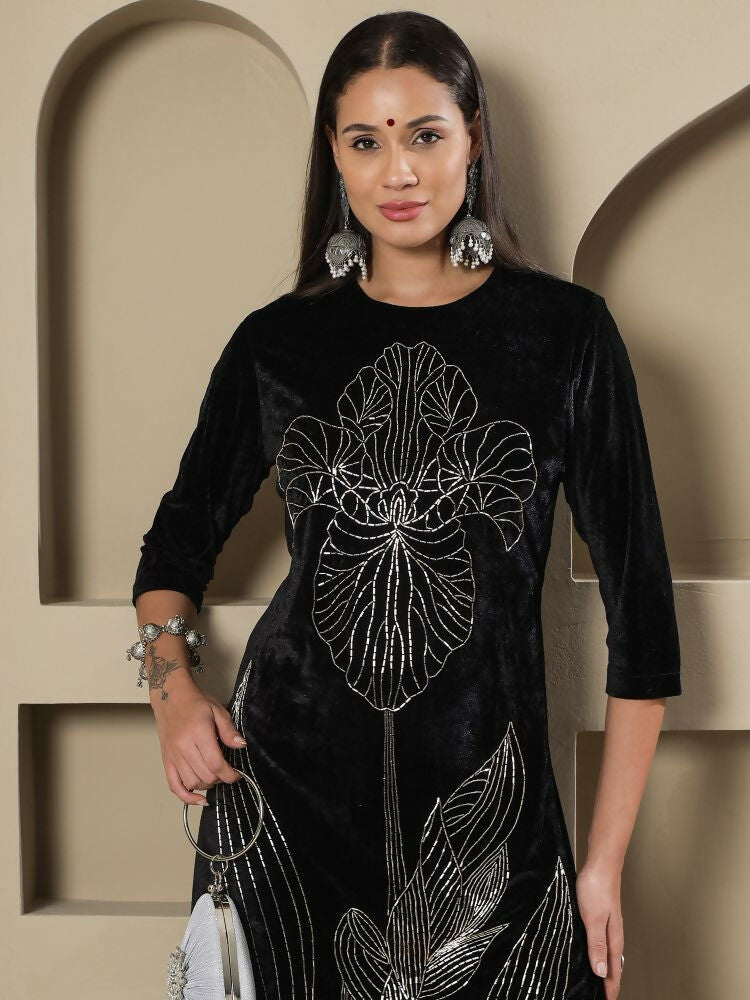 Black Velvet Kurta Set with Intricate Hand Embellishments