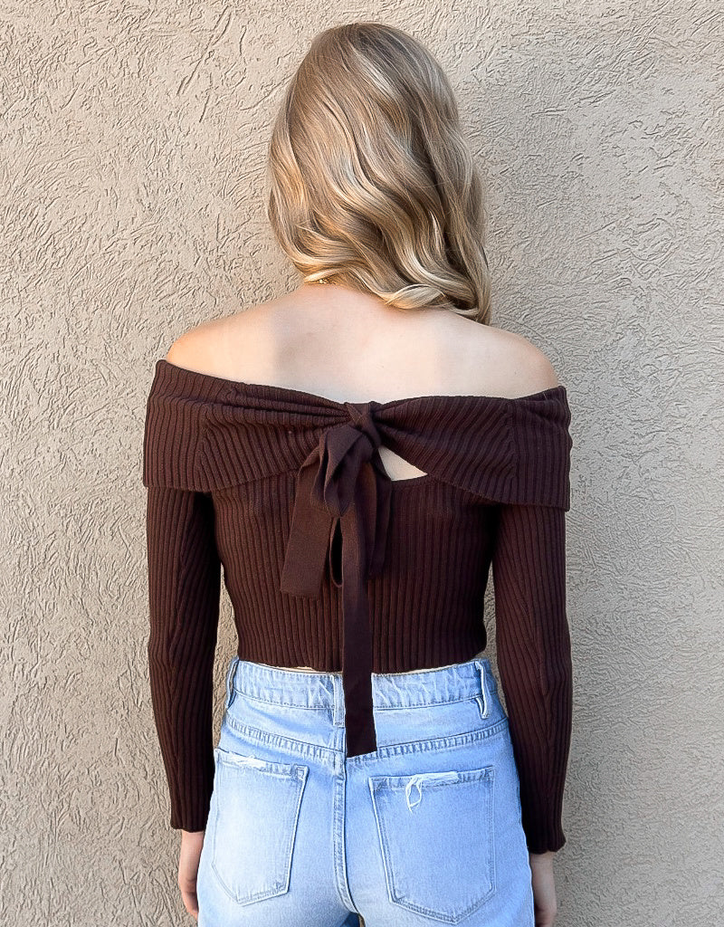 Off Shoulder Tie Back Ribbed Sweater in Dark Chocolate Brown