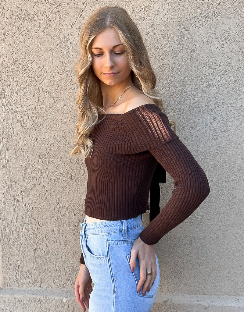 Off Shoulder Tie Back Ribbed Sweater in Dark Chocolate Brown