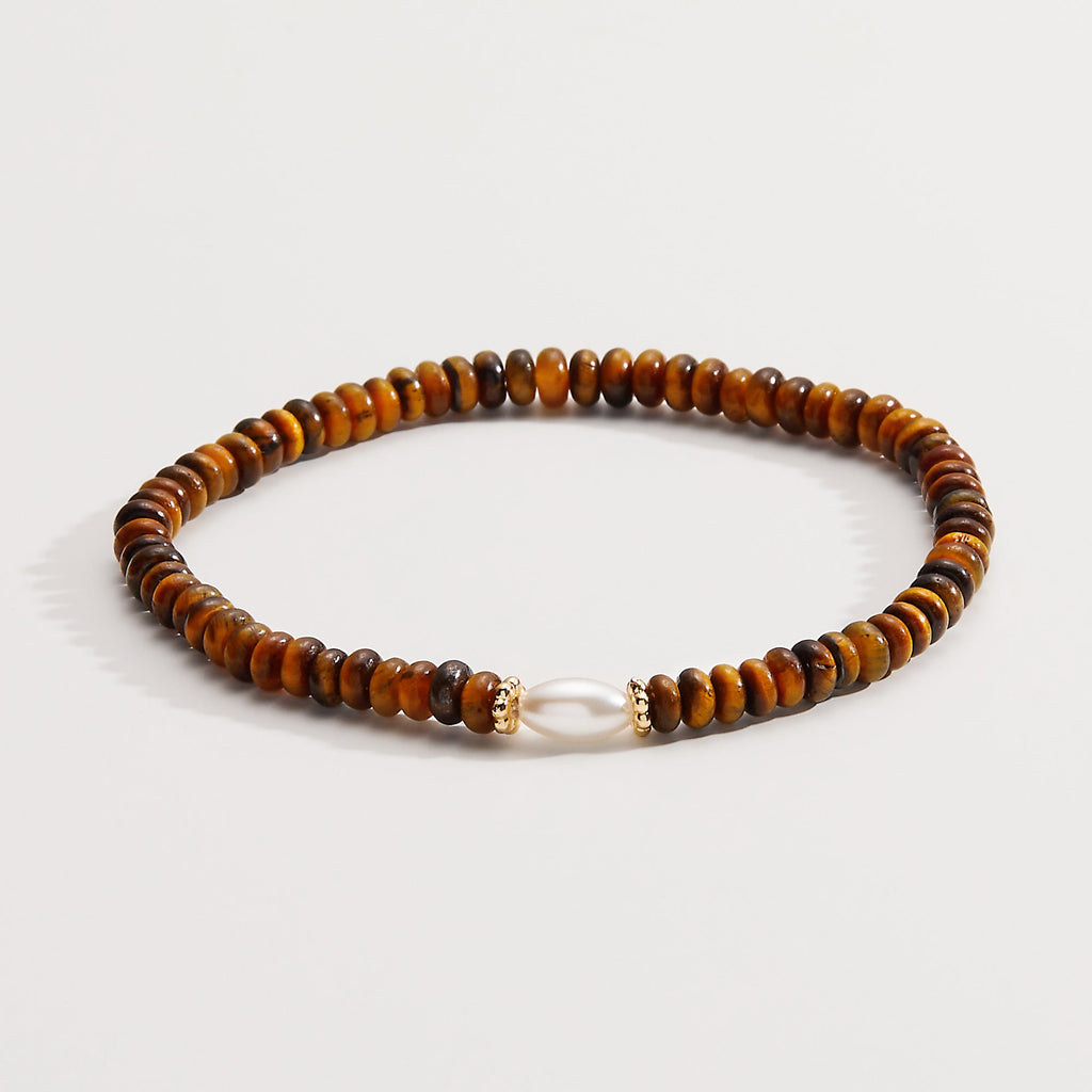 Tiger's Eye and white pearl stretch bracelet with a bohemian minimalist design