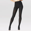 Model wearing Stems women's black fleece base layer tights. Product shot of black 300 denier tights.