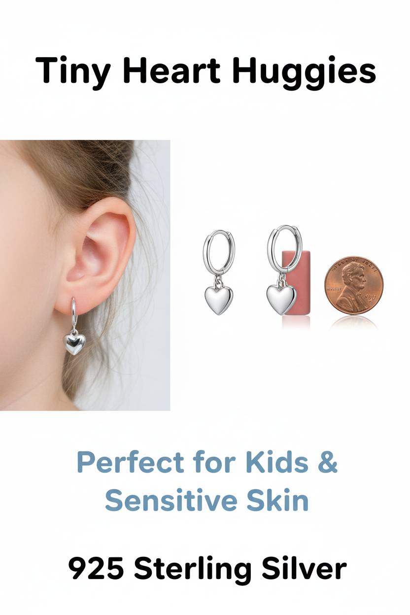 925 Sterling Silver Hoop Heart Dangle for kids and Adults with Sensitive Skin.