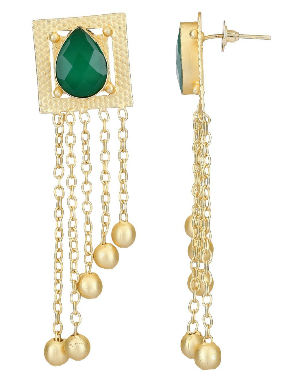 Green Stone Golden Beads Matte Gold Brass Earrings