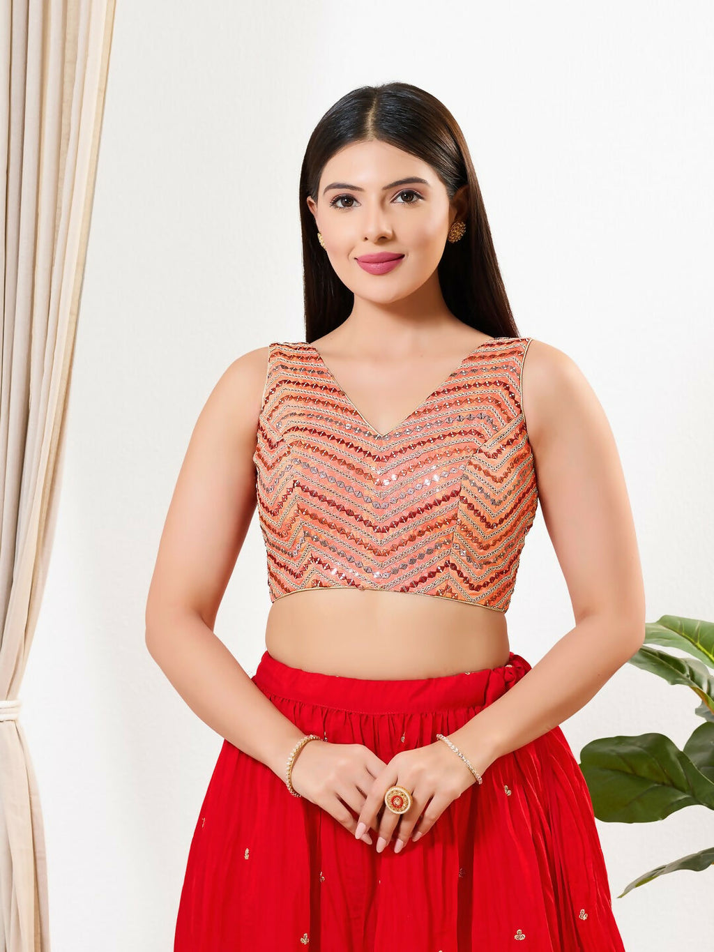 Joban Fashion Light Red Silk Padded Blouse With V Neck Sleeveless