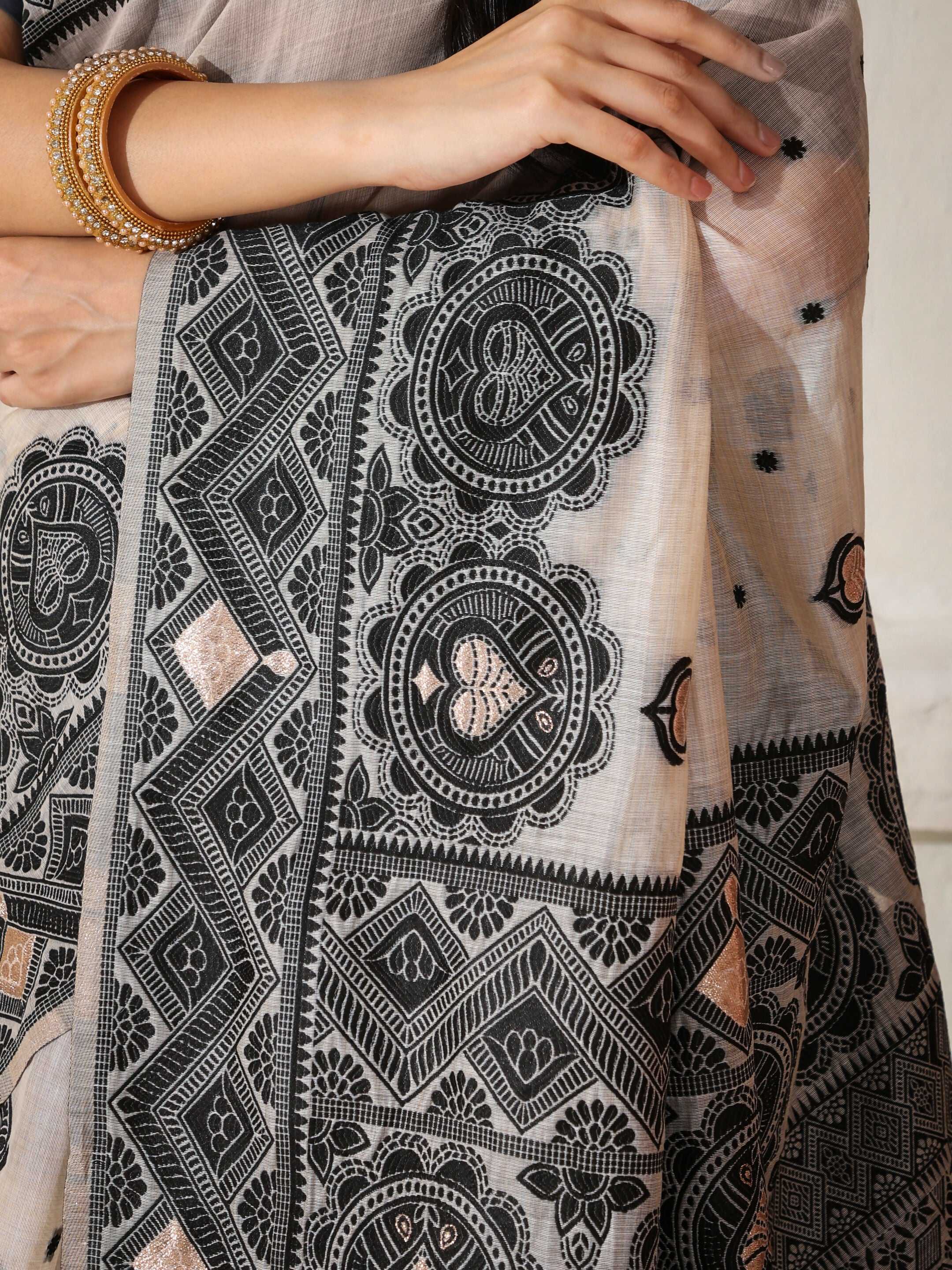 Black and Cream Linen Cotton Saree with Matching Blouse