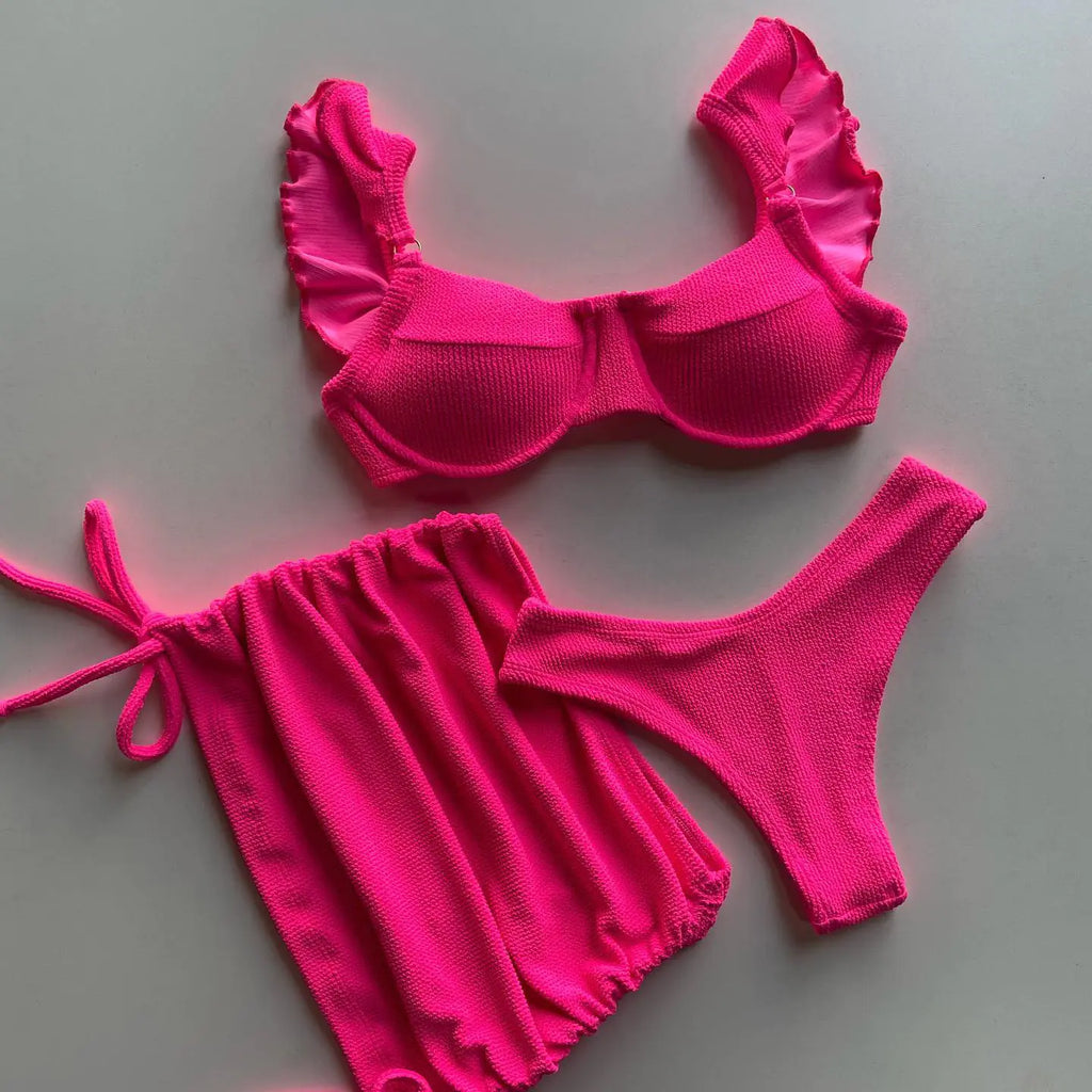 Women's Hot Pink Ribbed Three-Piece Bikini Set with Cover-Up