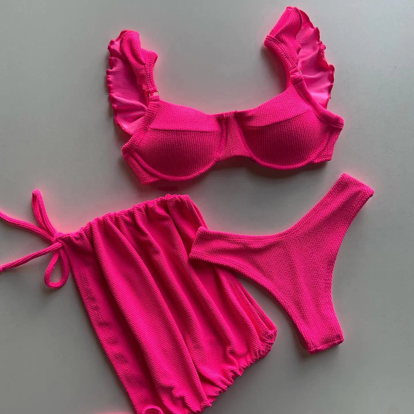 Women's Hot Pink Ribbed Three-Piece Bikini Set with Cover-Up