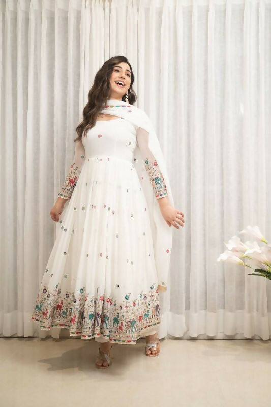 White Georgette Sequence Embroidery Readymade Kurta Set