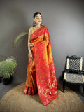 Yellow and Red soft silk Patola saree with geometric patterns and matching blouse
