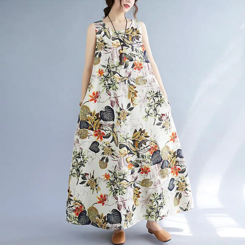 Women's Floral Print Cotton Linen Sleeveless A-Line Maxi Dress - Image 10