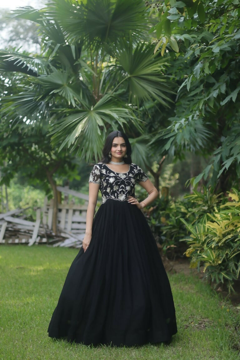 Women's Black Sequins Embroidered Faux Georgette Anarkali Dress