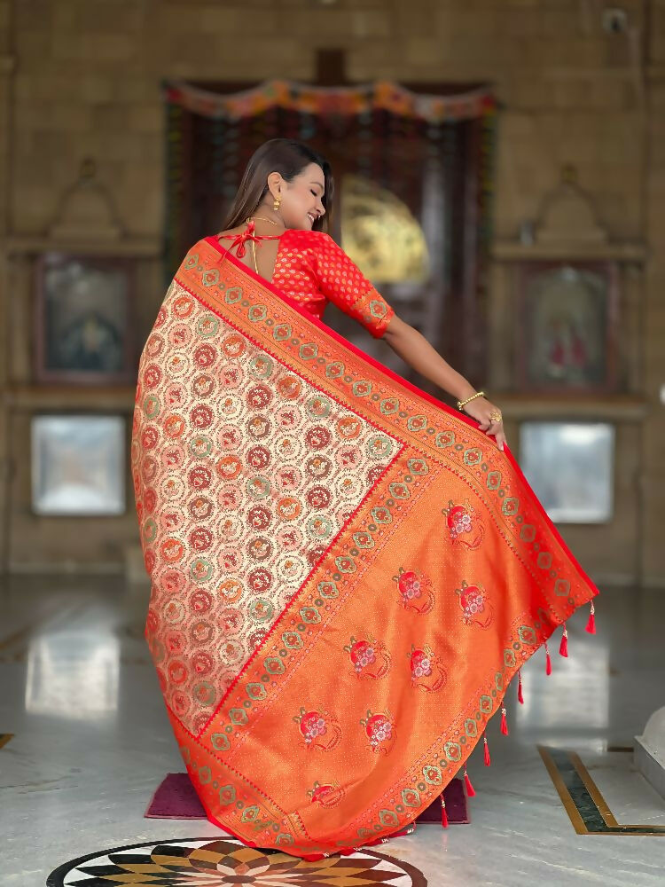 Red Soft Kanjivaram Silk Saree with Meenakari Zari Weaving