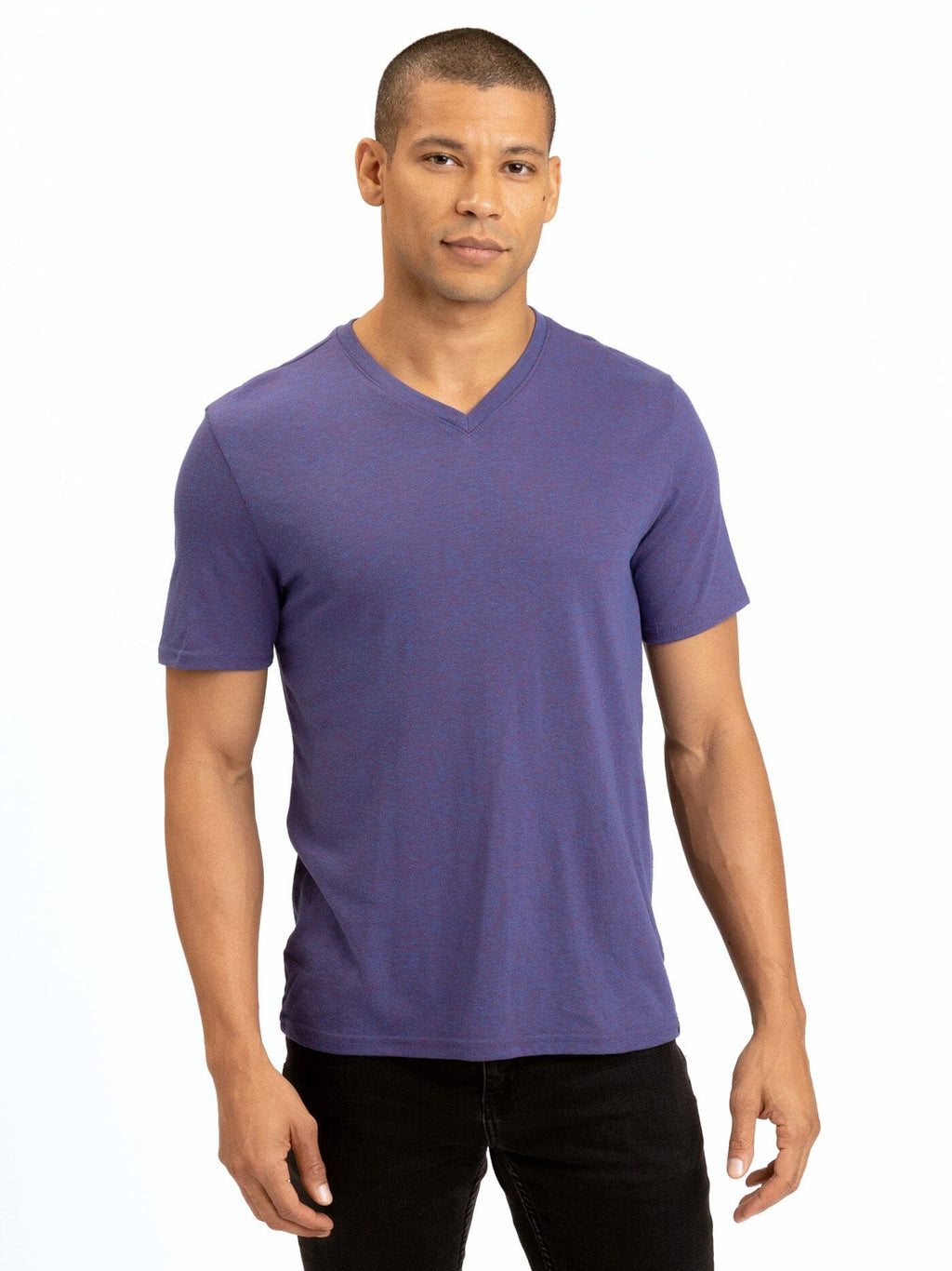 Men's Core Triblend Jersey V-Neck Tee in purple, featuring a soft knit construction