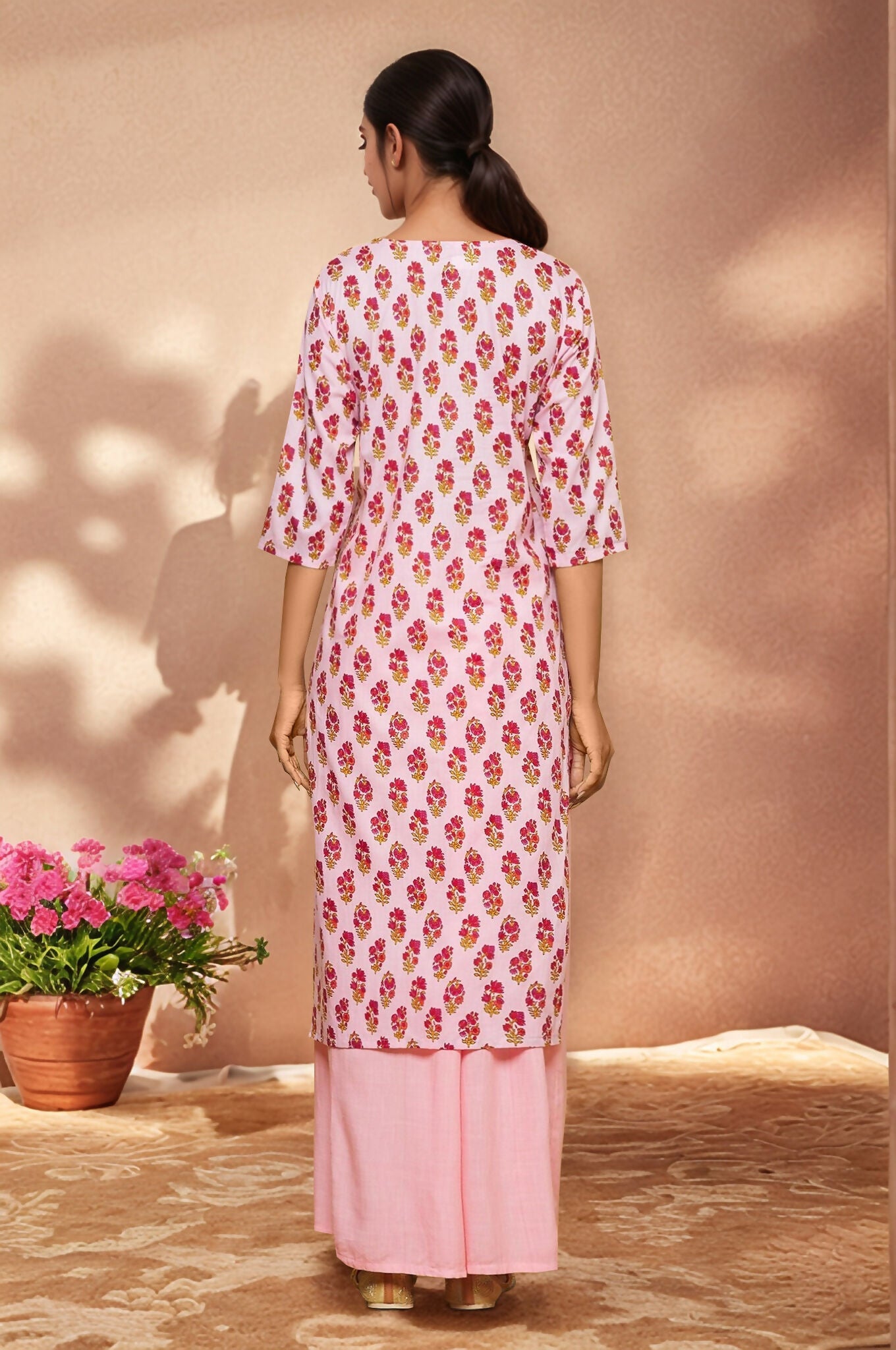 Pink Floral Print Cotton Kurti with Sequence Neck Embellishment