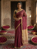Wine colored cotton saree with a contrasting beige blouse piece