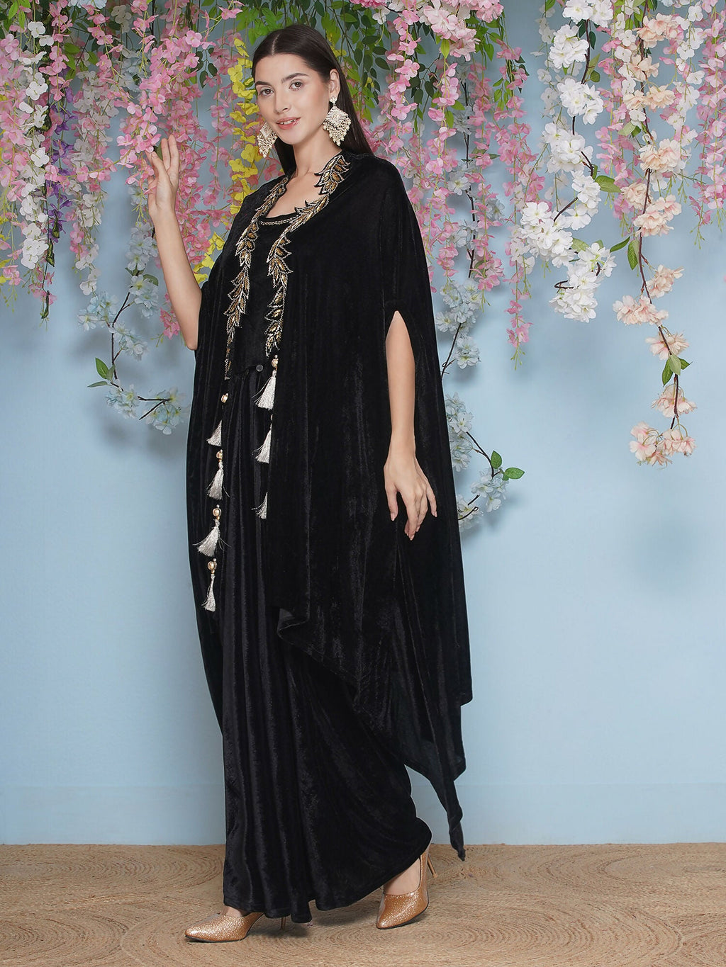 Black Hand Embellished Velvet Cape with Inner and Skirt Set