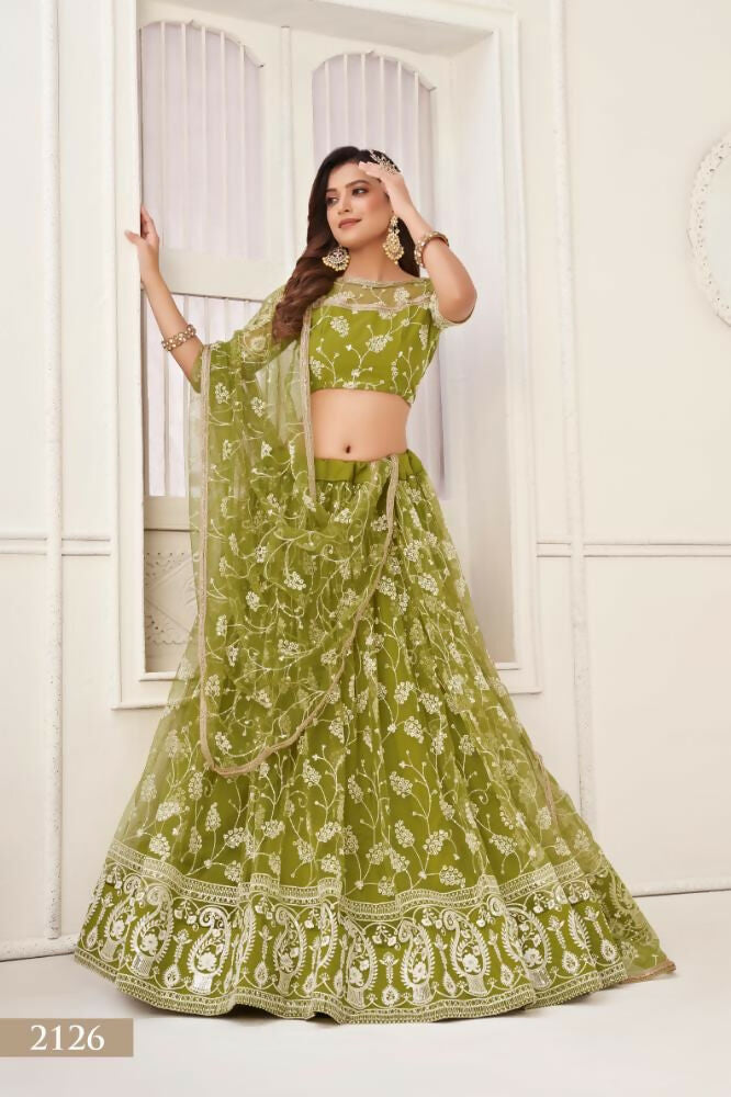 Olive Green Butterfly Net Lehenga Choli with Thread & Sequence Work