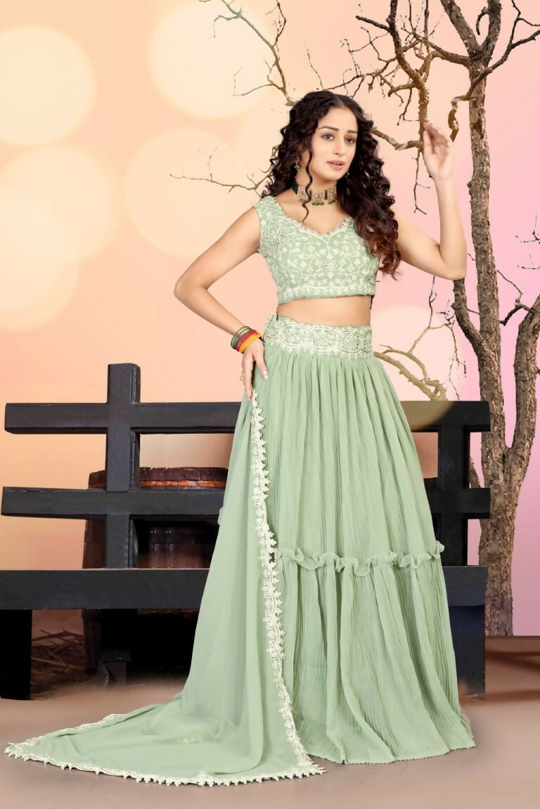 Sea Green Two Tier Crush Georgette Lehenga Choli with Dupatta