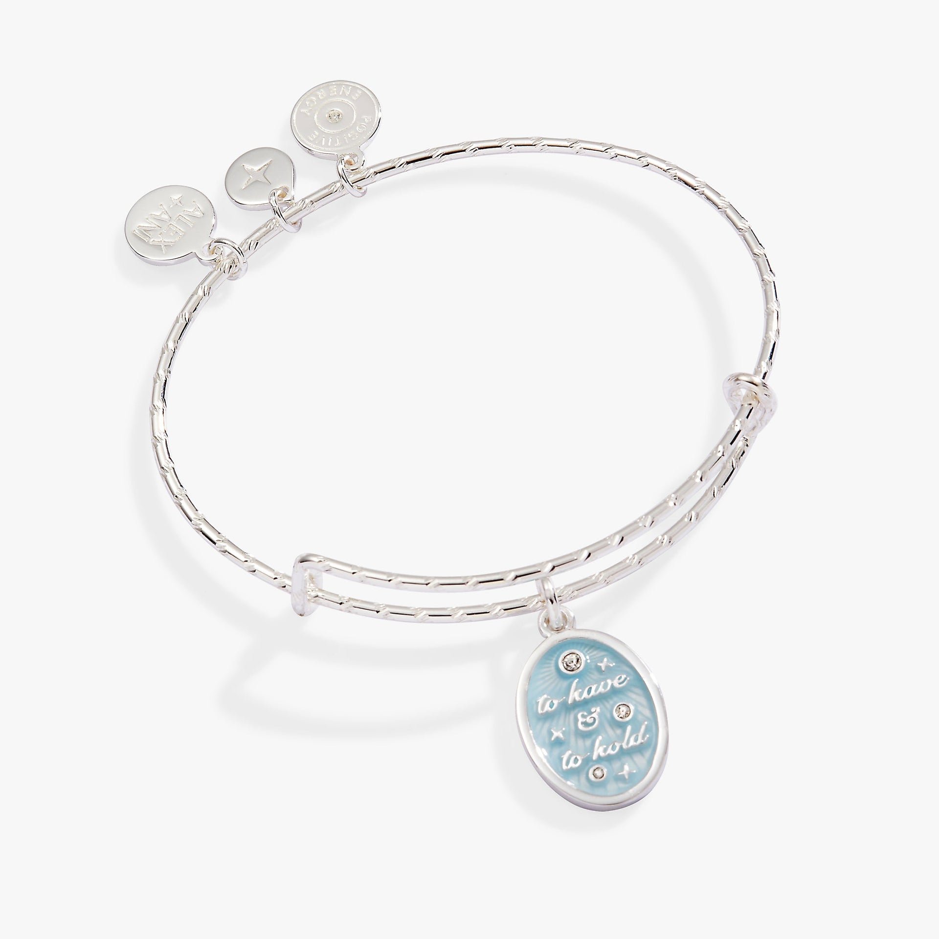 Bridal bangle with light blue 'To Have & To Hold' enamel charm on an expandable wire.