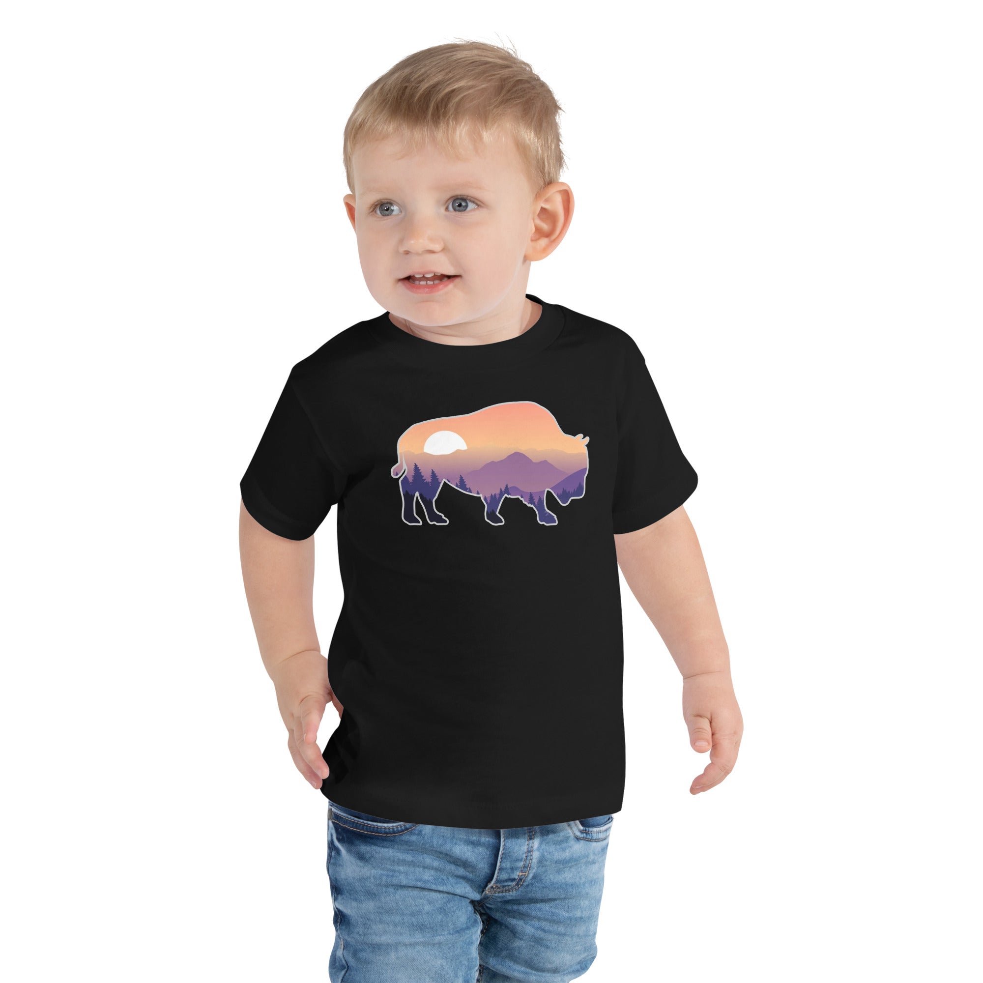 Toddler wearing a comfortable, relaxed-fit short sleeve cotton tee in a casual outdoorsy style.