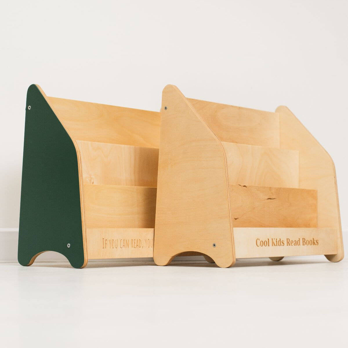Minimalist Montessori Bookshelf for Toddlers in Natural Wood & Green