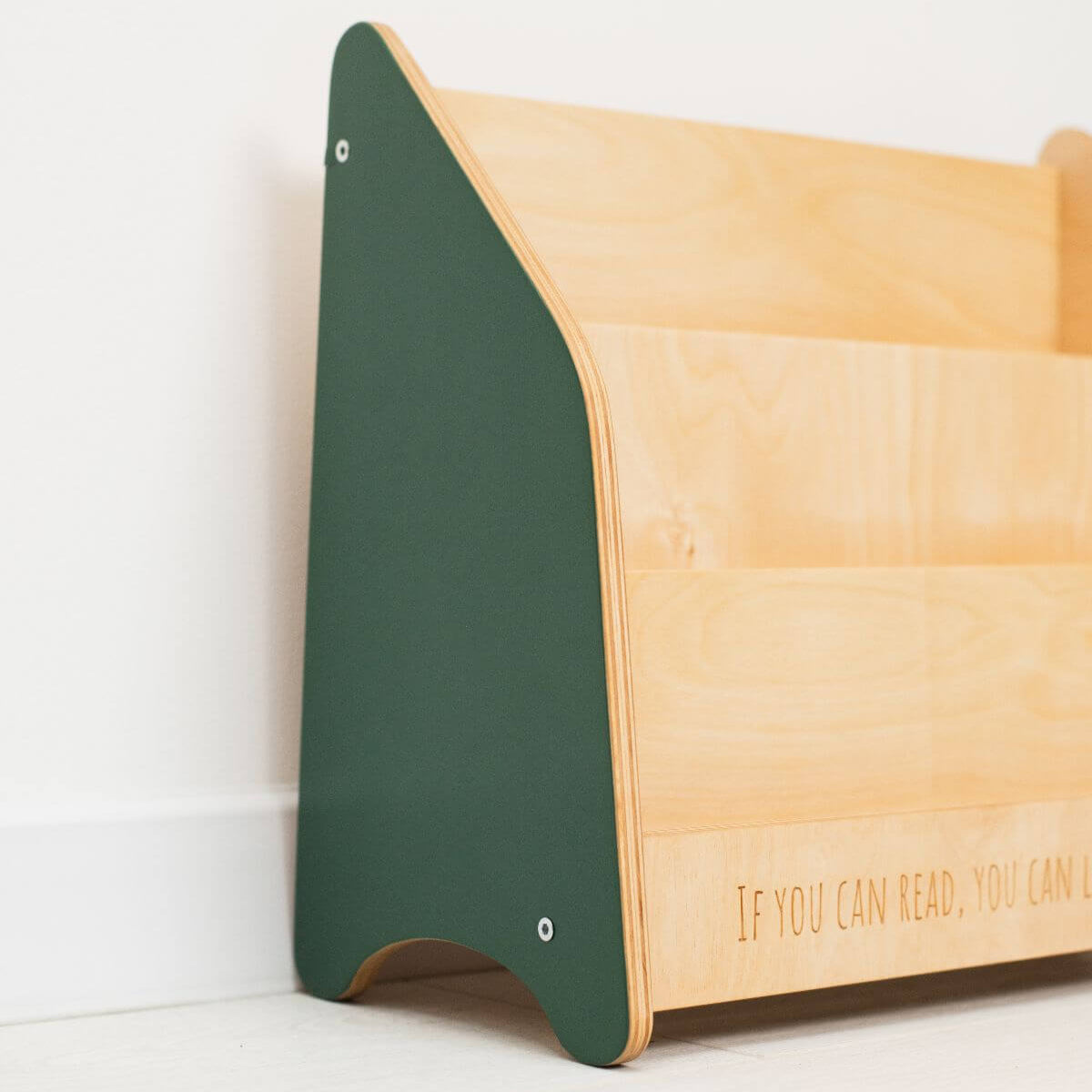 Minimalist Montessori Bookshelf for Toddlers in Natural Wood & Green