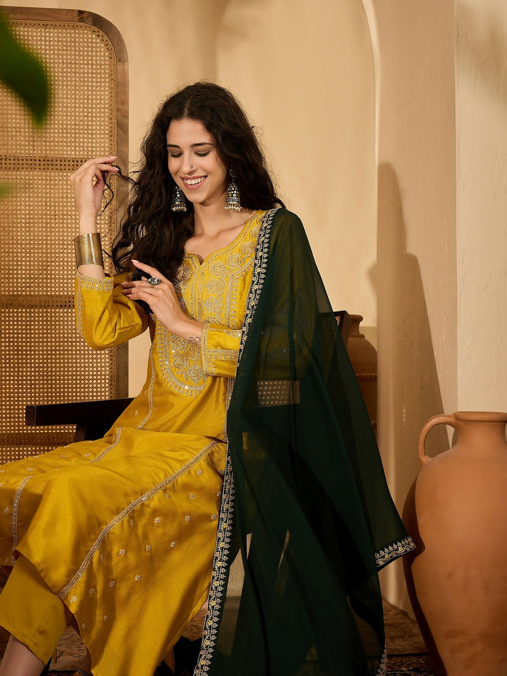 Mustard Vichitra Silk Kurta Set with Embroidery