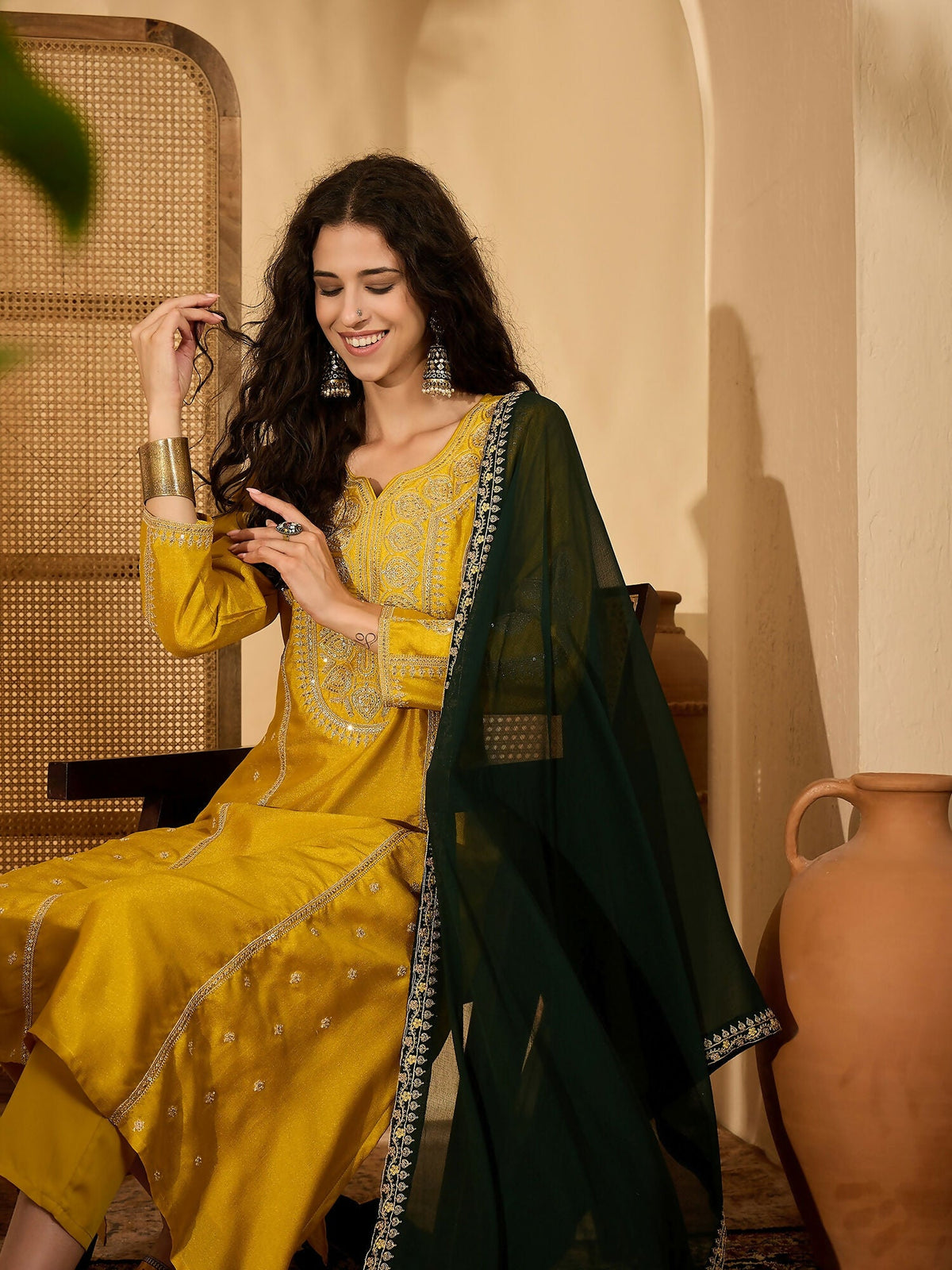 Mustard Vichitra Silk Kurta Set with Embroidery