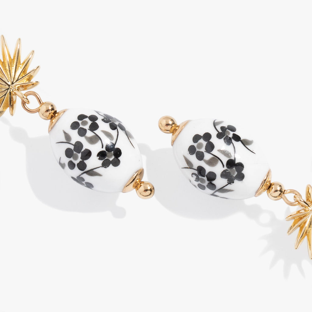 Toile and Palm Drop Earrings in Gold-Plated Monochrome Floral