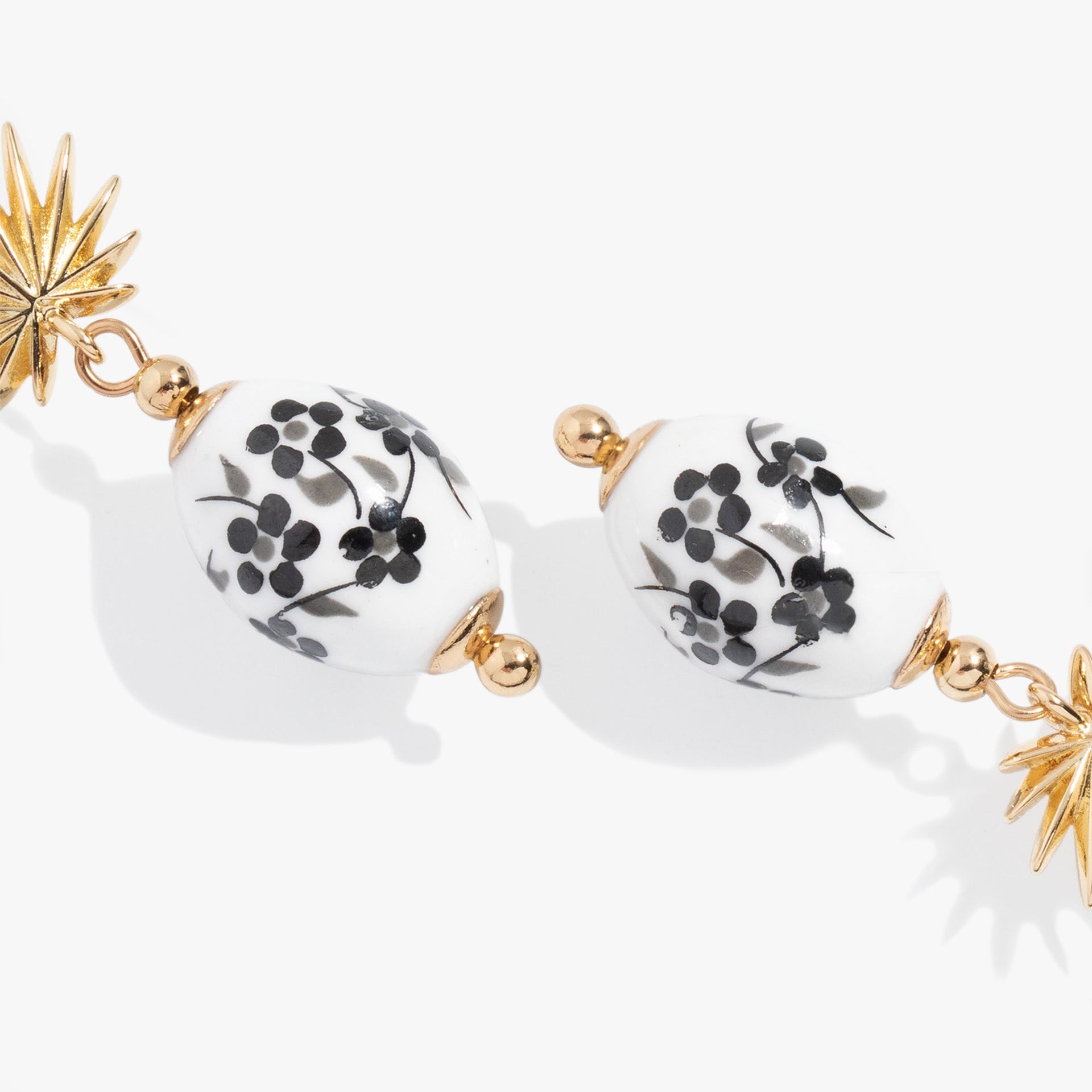 Toile and Palm Drop Earrings in Gold-Plated Monochrome Floral