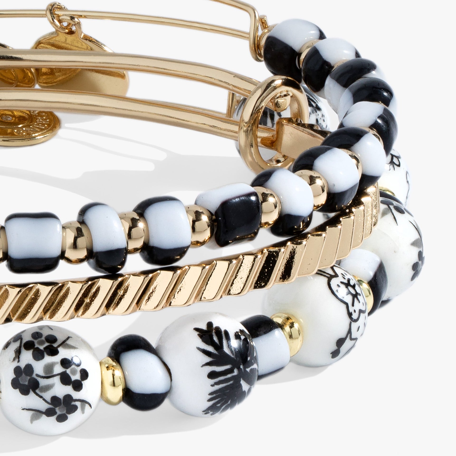 Toile Beaded Bangle Set of 3 with Hand-Painted Floral Details