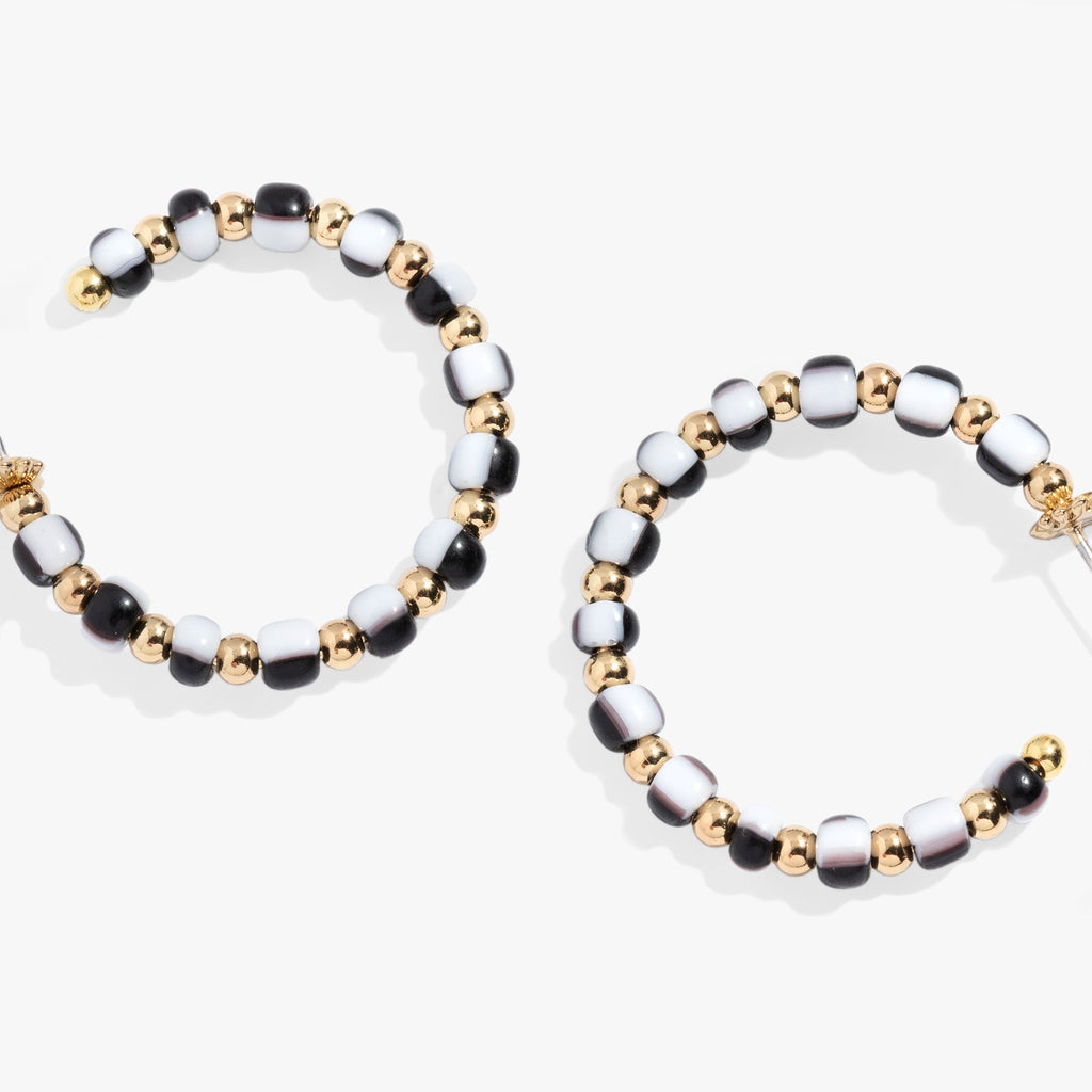 Toile Beaded Hoop Earrings with Satin Gold Palm Inspired Detail