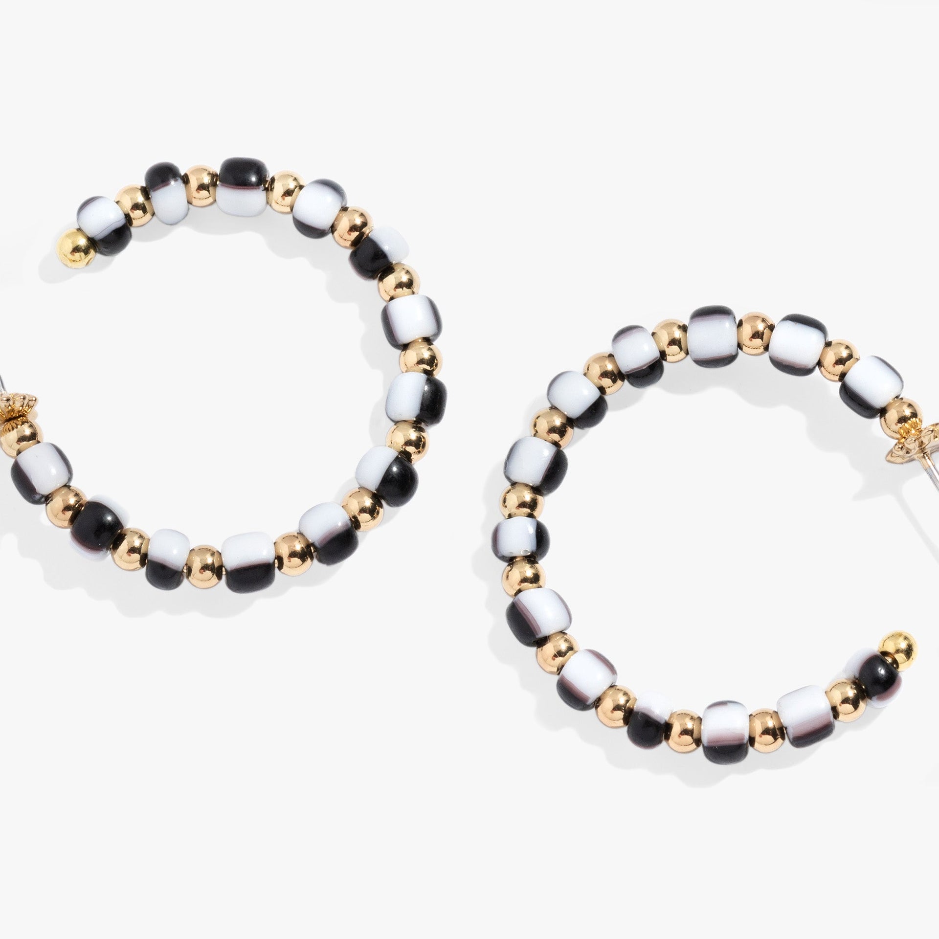 Toile Beaded Hoop Earrings with Satin Gold Palm Inspired Detail