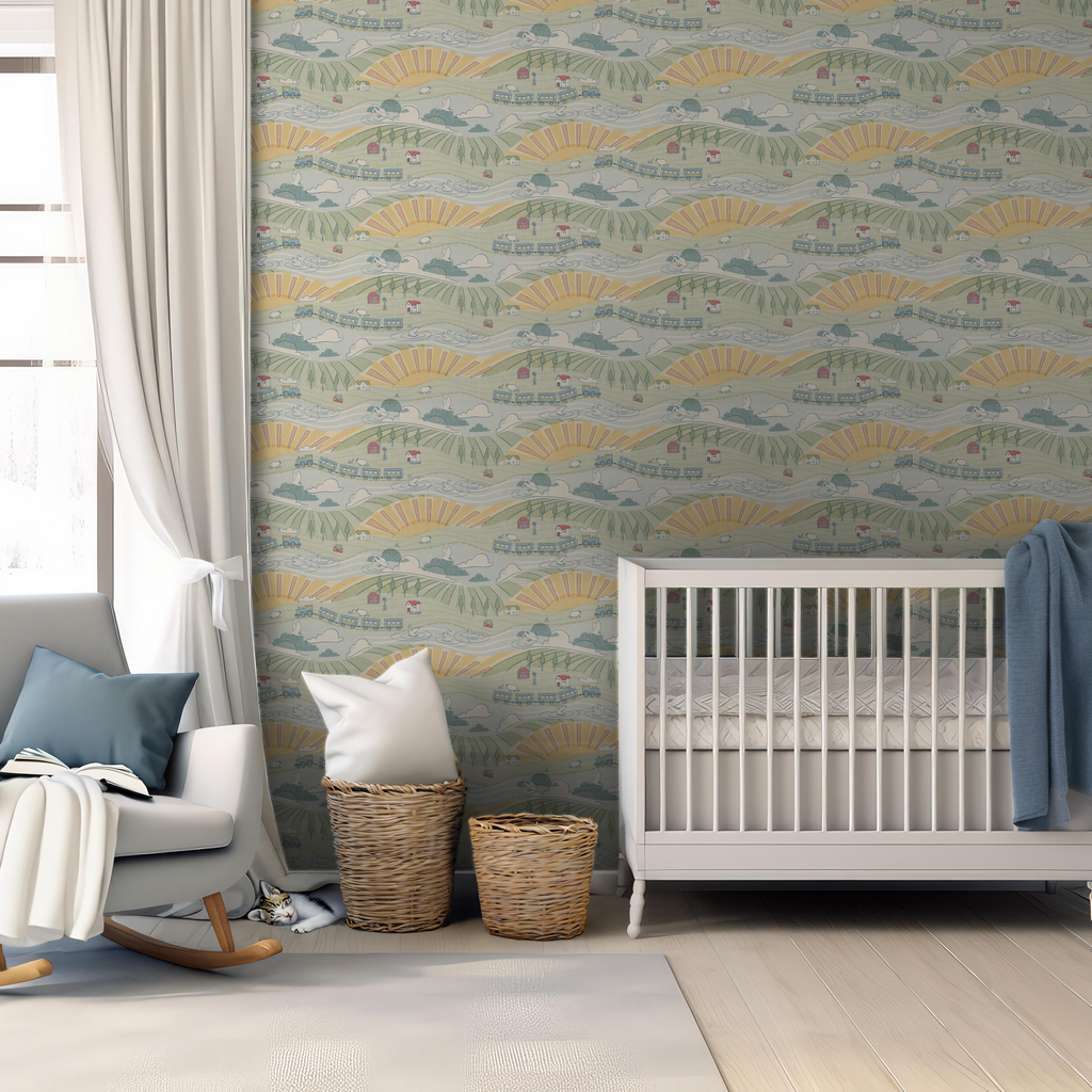 Tommy whimsical illustrative wallpaper in green, yellow, white, and blue