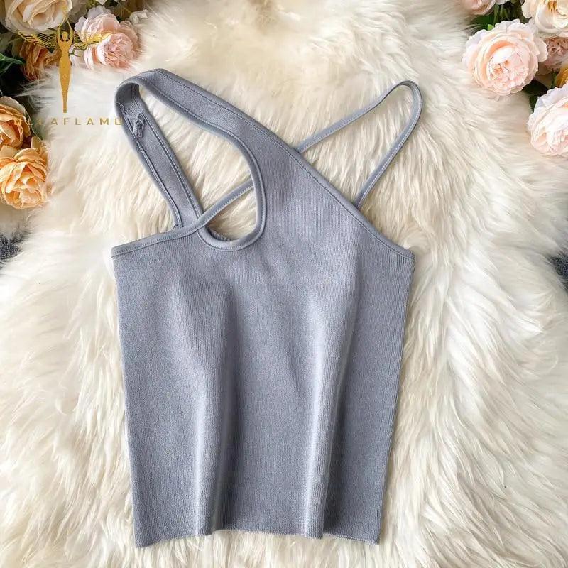 Women's Minimalist Sleeveless Cross Front Knit Crop Top