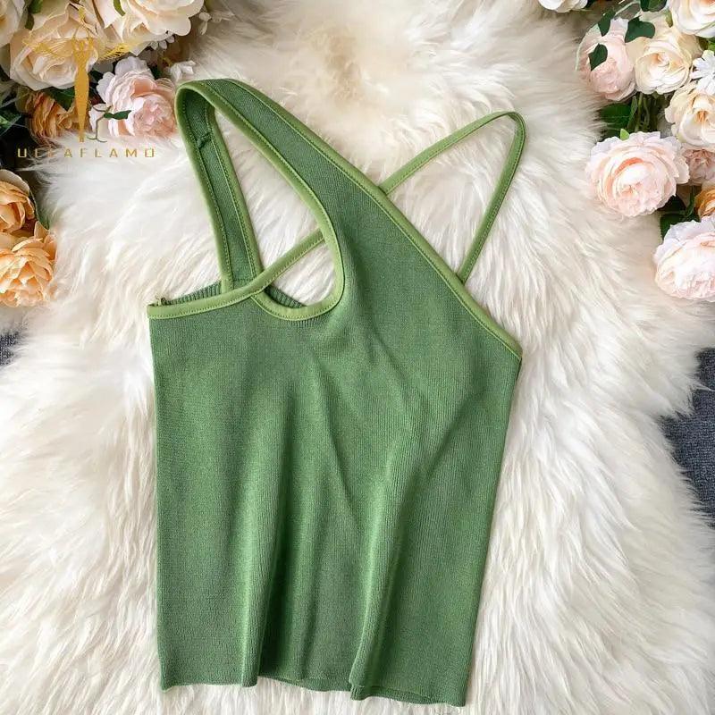 Women's Minimalist Sleeveless Cross Front Knit Crop Top