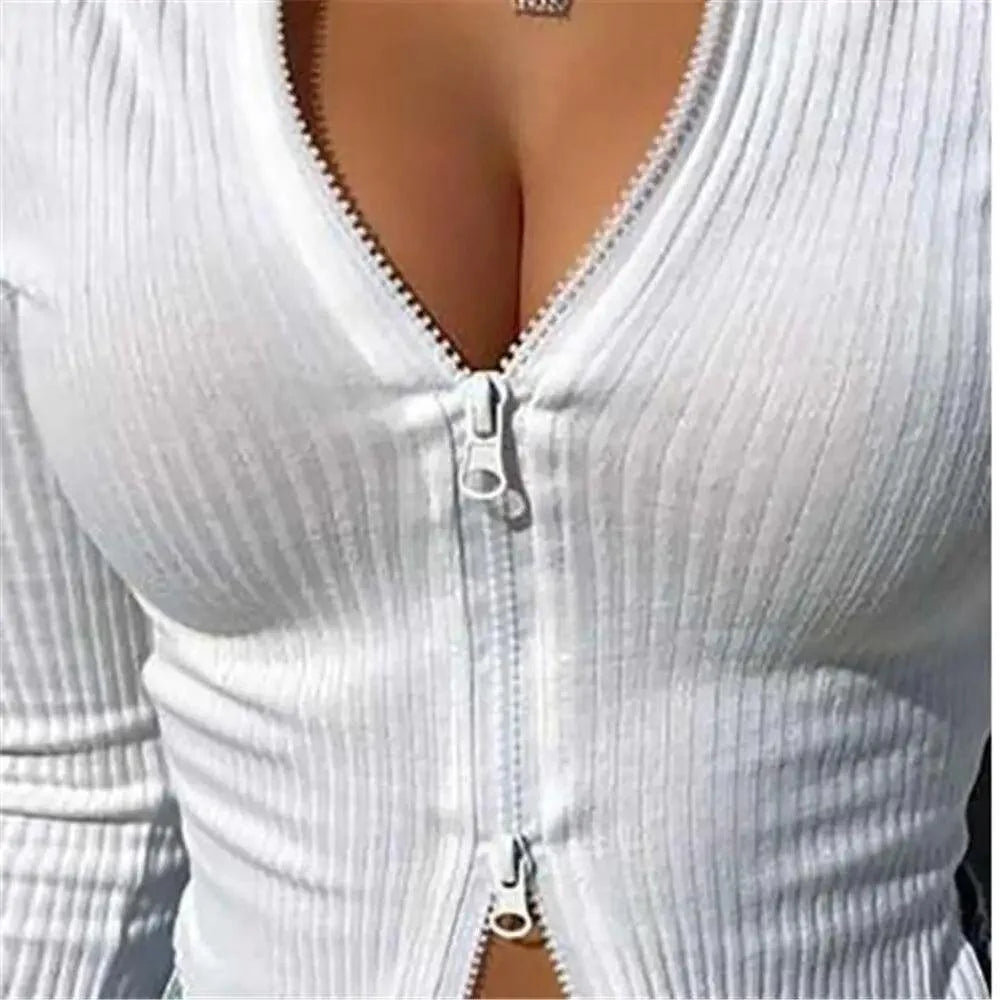Women’s Ribbed Knitted Long Sleeve Zipper Crop Top - Minimalist