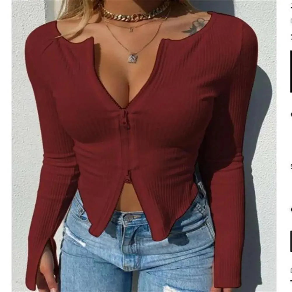 Women’s Ribbed Knitted Long Sleeve Zipper Crop Top - Minimalist